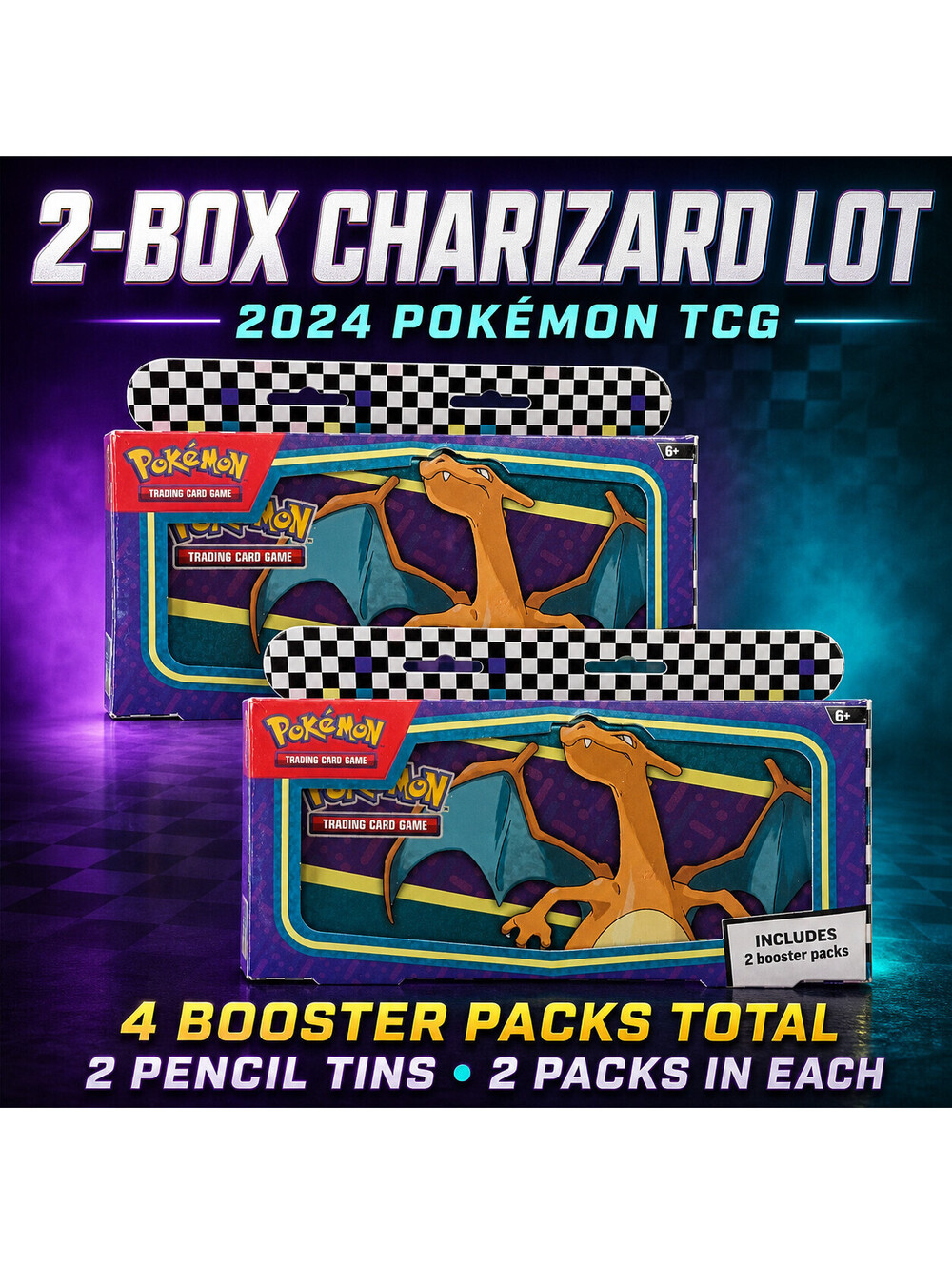 2024 Pokemon TCG Charizard Back to School Pencil Case Tin 2 Box Lot 4 Packs SEAL